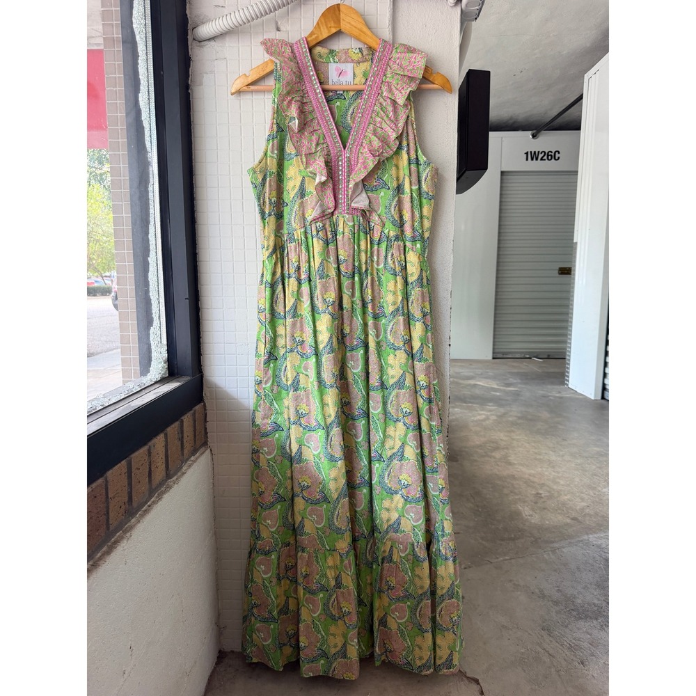 Bella Tu S Cotton Green Pink Floral Ruffle V-Neck Tiered Maxi Boho Dress Resort - Picture 2 of 9